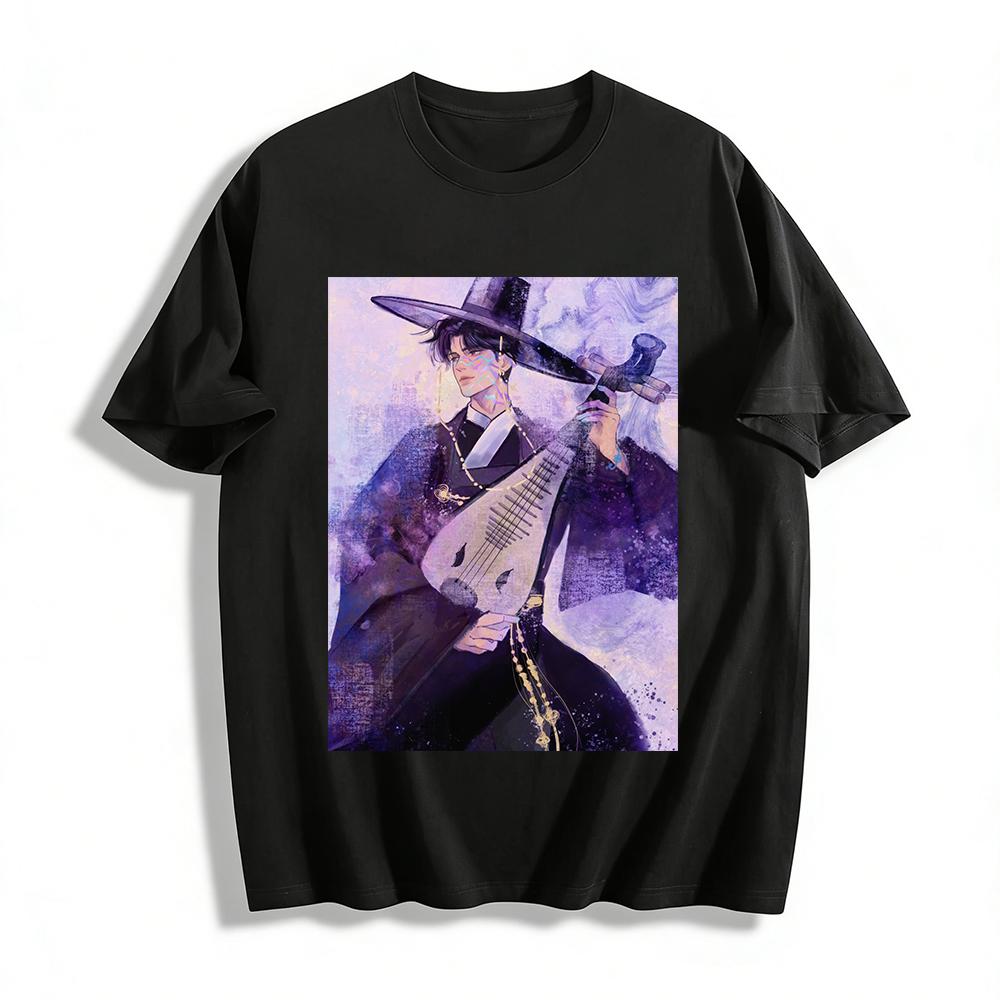Cyber Chinese Style Pipa Boy Print T-shirt Retro Color Block Unisex Loose Top Trendy Streetwear Pure cotton T-shirt XXS