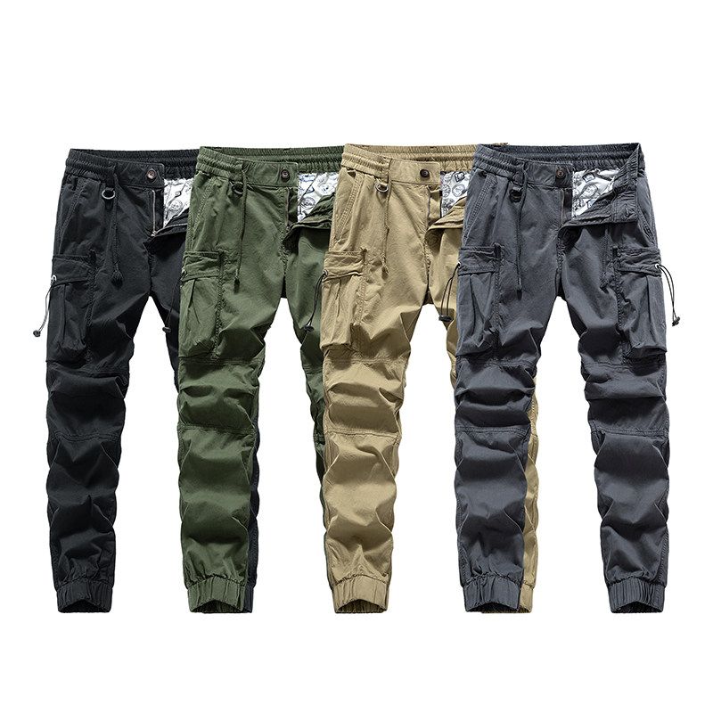 Men's Casual Pants for Spring and Autumn, American-Style Loose Cargo Pants with Multiple Pockets and Jogger Cuffs, Export Surplus with Tags Removed