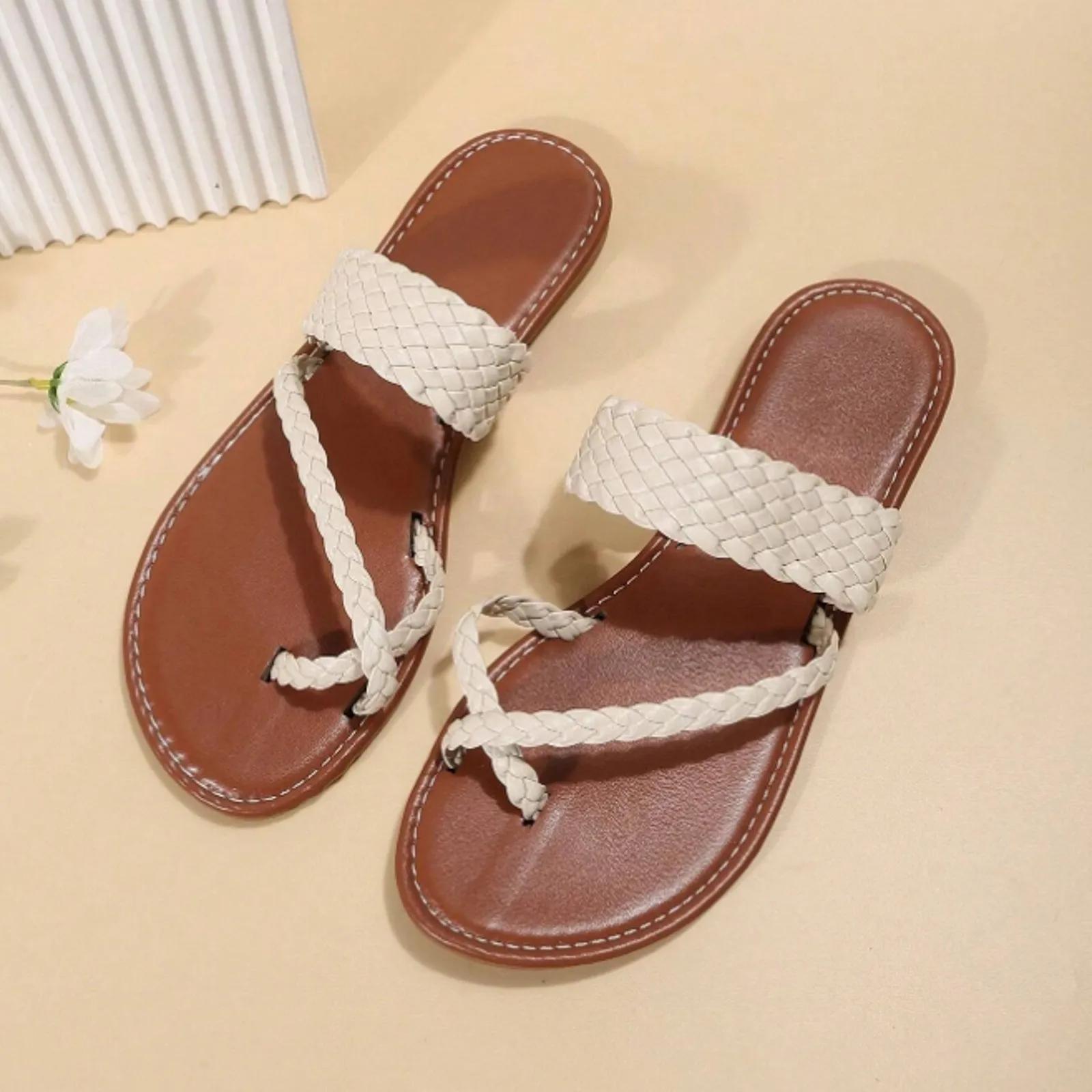 

2025 Модные женские летние тапочки, однотонные сандалии на плоской подошве, нескользящие тапочки, шлепанцы, сандалии, новый тренд, повседневная обувь в стиле бохо 35 белый