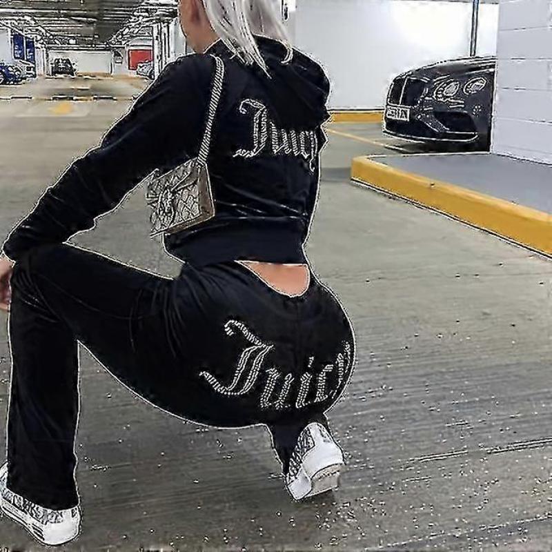 Velour Juicy Sewing Suit Hoodies Velvet Zipper Sweatshirt And Pants Set Sportswear 2024 Women's Spring/fall Tracksuit Crop