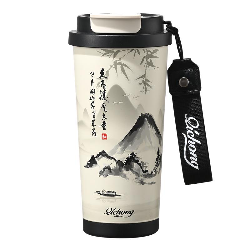 Guochao Double-Walled Coffee Cup with 316 Stainless Steel Liner, Ceramic Thermos, Portable Business Gift.