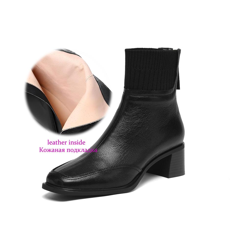 Krazing Pot Sheepskin Autumn Winter Shoes Thick Heels Size 42 Square Toe Zipper Knitwear Vintage Ankle Boots