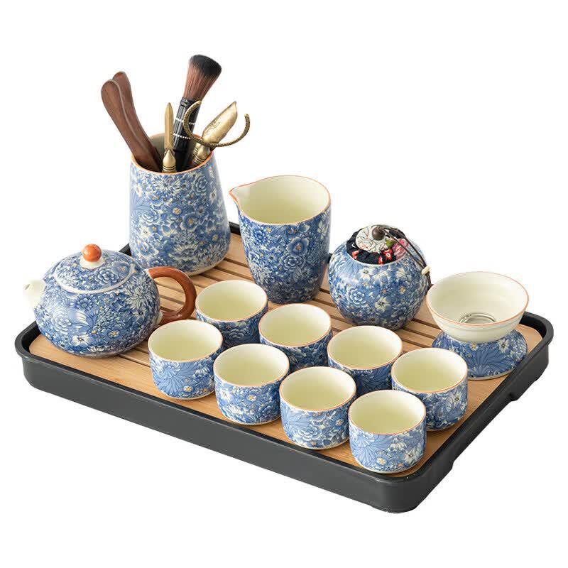 

Chaxun Ru Kiln 9-Piece Tea Set with Prosperous Flower Xishi Pot