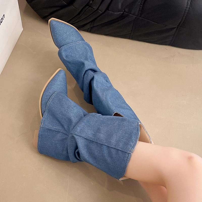 Fashion Fashion Pointed Toe Cowboy Boots Women Spring Autumn Thick High Heels Mid Calf Boots Woman Slip On Denim Western Botas Female