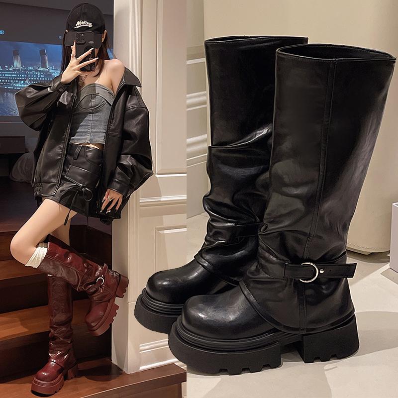Fashion Knee High Belt Buckle Round Toe Thick Sole Platform Chunky Heels Women Boots Solid Color Slip on Ins Western Sexy Shoes