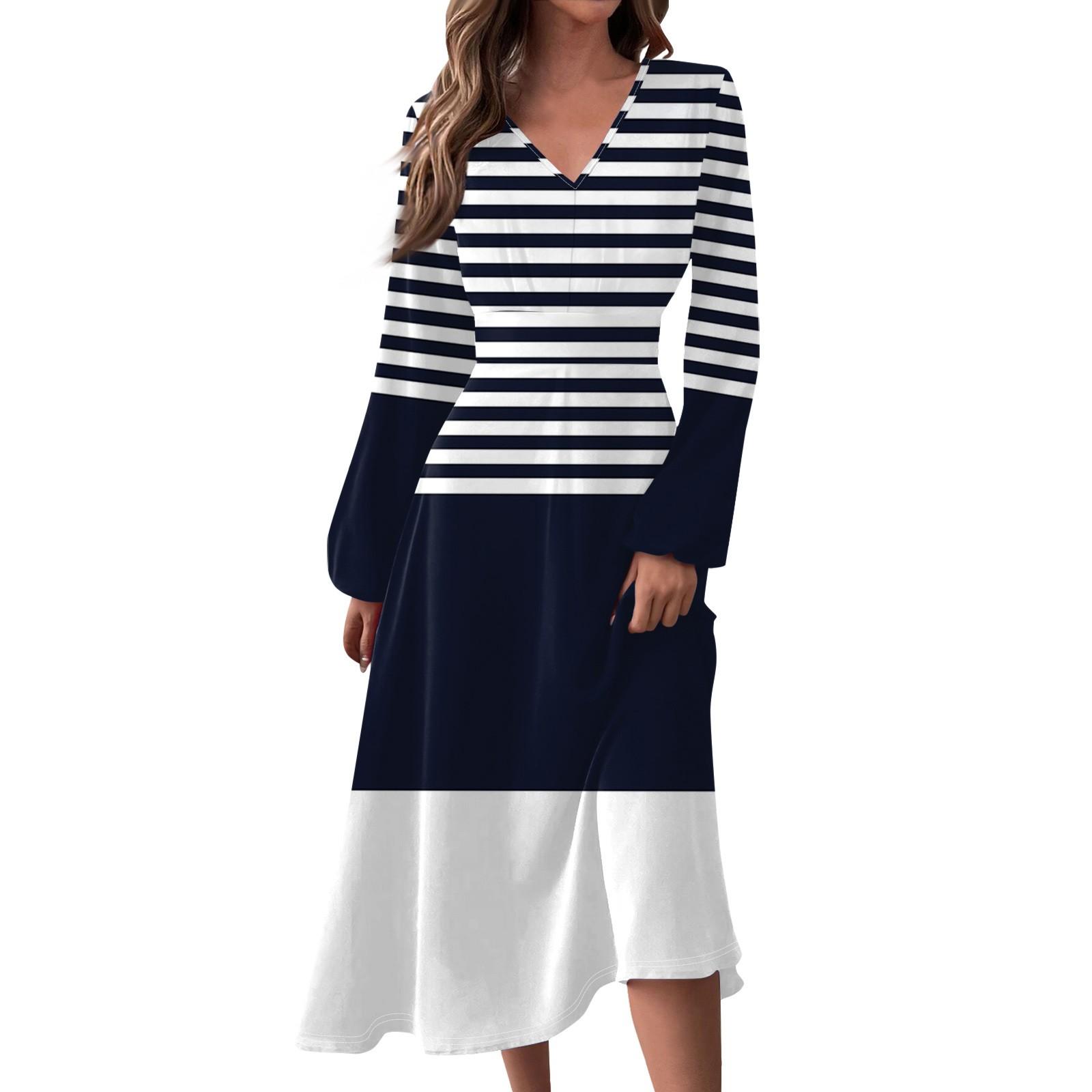 

Женское осеннее и зимнее повседневное модное длинное платье с v-образным вырезом и длинным рукавом в полоску и принтом L