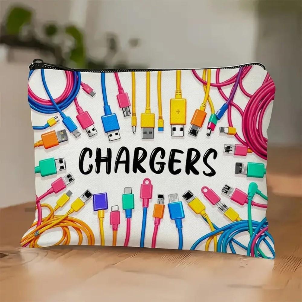 New Canvas Charger Storage Pouch Print Design Large Capacity Electronics Bag Zipper Closure Cosmetic Organizer for Office Desk