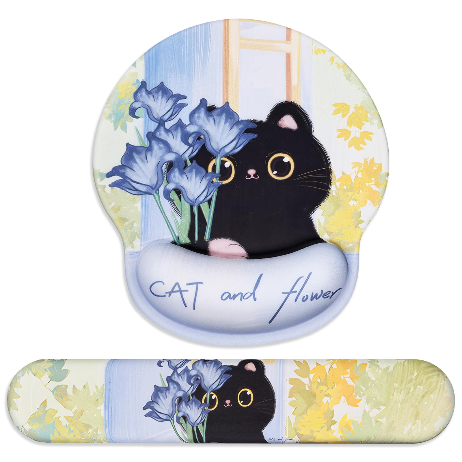 Newseego Подставка под запястья для клавиатуры, Клавиатура, Милый, Встроенная мышь, Ладонь, Память, Снижает нагрузку на запястье, Подходит для игр, Милый дизайн с кошкой, Подушка, Коврик,