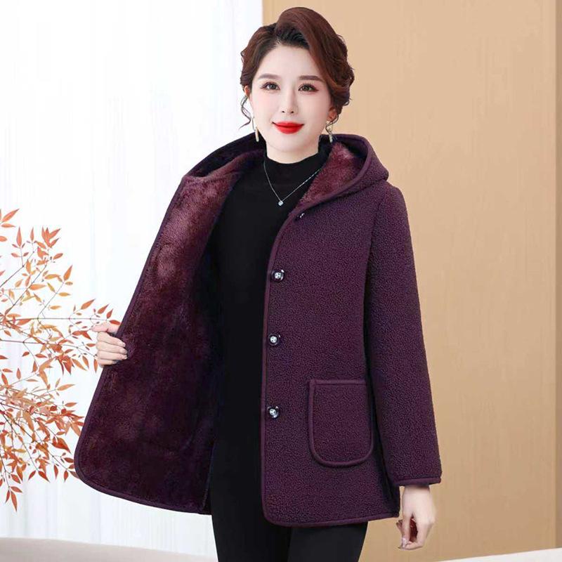 Women's Winter Fleece Jacket: Hooded, Thick, Warm Wool Blend Coat for Middle-Aged and Elderly