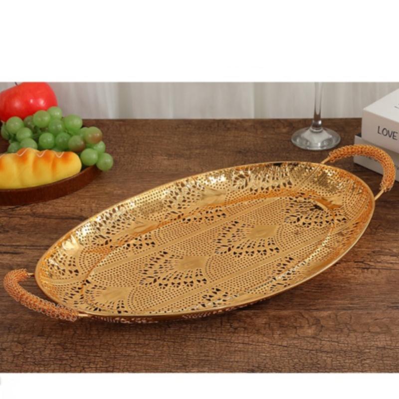 Fruit Plate, Metal Round Rectangular Relief Disc, European Metal Hollow-Out Snack Platter, Home Desktop Decoration Gift, 1pcs