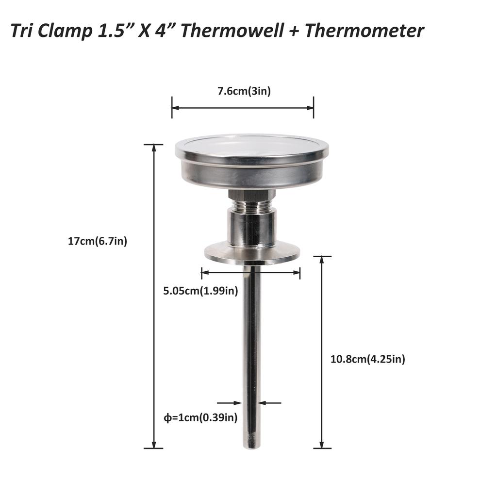 Tri Clamp 1,5" Thermowelle Bimetall-Thermometer 4" 6"L 3" Zifferblatt-Thermometer 1/2"NPT Homebrew Braukessel Konischer Fermenter