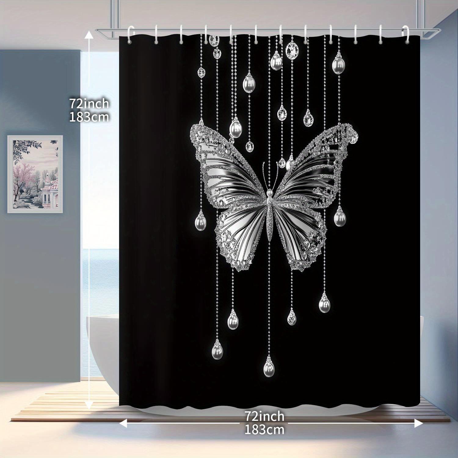 

Silver-White Butterfly & Pearl Shower Curtain, 12 Hooks Included, Elegant Print Design For Bathroom Decor & Partition W60H190(CM)-1 Pcs