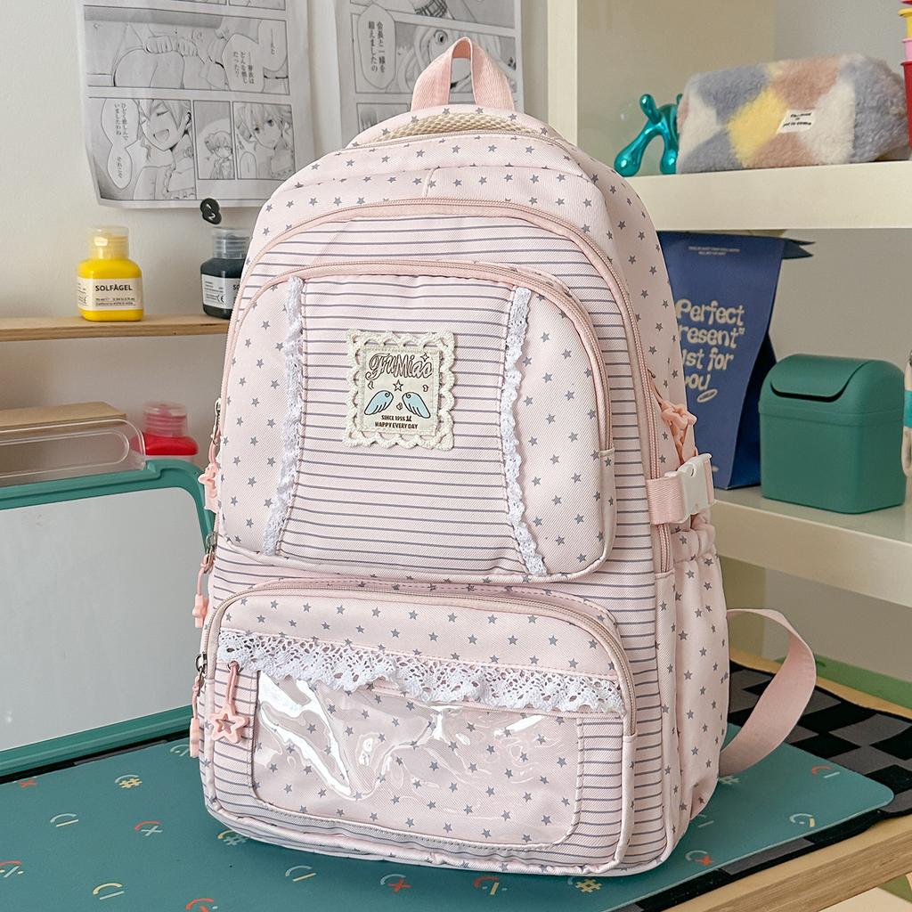Mochila con Adorno de Encaje Rayas Estrelladas con Ventana Frontal Transparente y Múltiples Bolsillos Gran Capacidad Mochila Escolar Diaria para Adolescentes Estudiantes Viajes Diarios