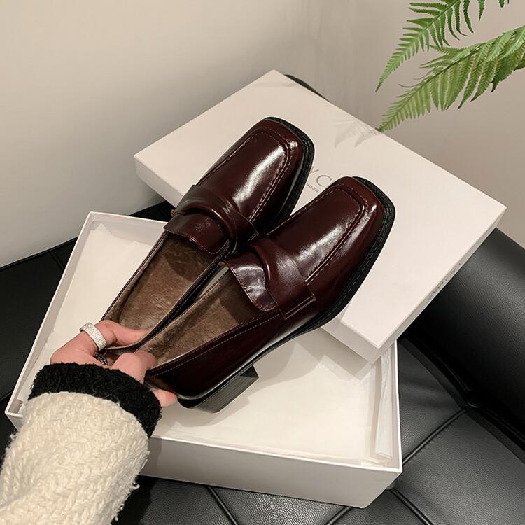 Fashion 2025 New Autumn Genuine Leather Loafers Square Toe Chunky Heels Winter Women Pumps Shoes for Women Zaptos De Mujer Brown Shoes