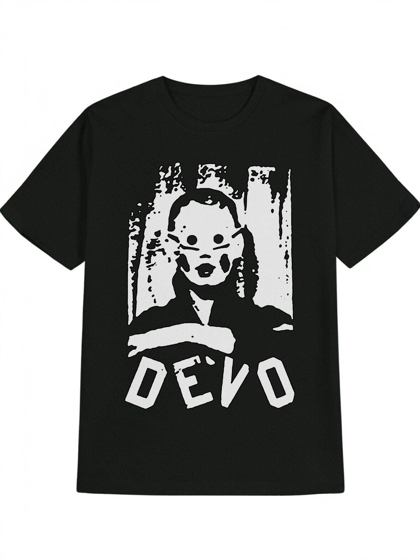 Casual Crew Neck T-shirt with Stylish Glasses &  DEVOS  Print - Black XXL