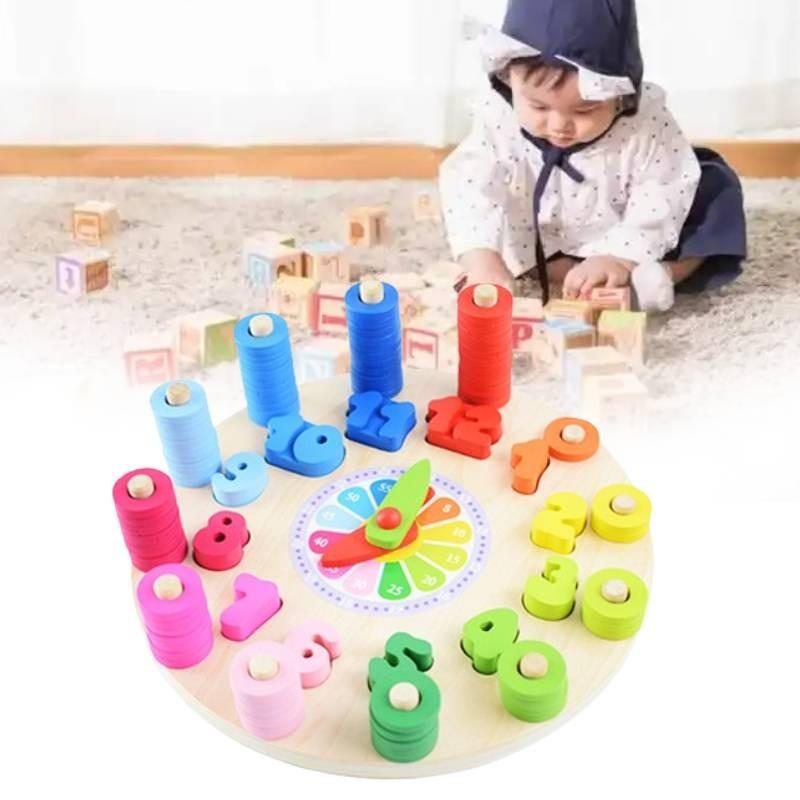 Children Wooden Educational Clock Montessori Ring Stacking Numbers Colours Toy