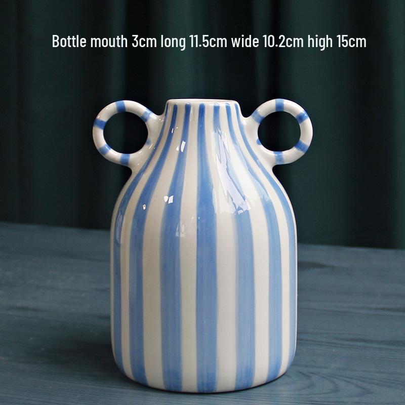 

Nordic Striped Double-Eared Ceramic Vase for Floral Decor - Hand-Painted Ornament for Dining Table
