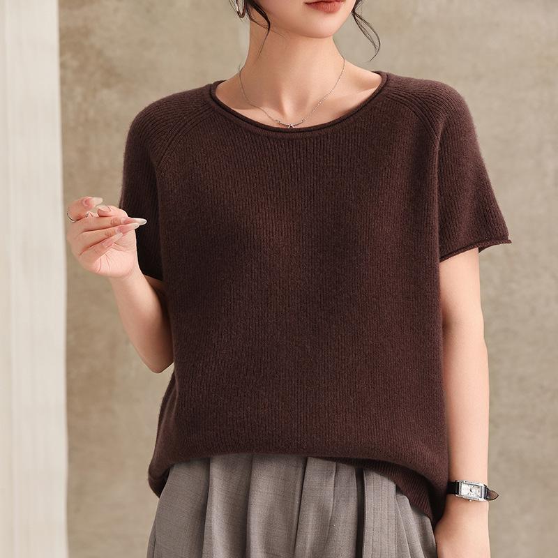 2026 Spring Women's Cashmere Wool Blend Rolled Collar Knit Half Sleeve Top