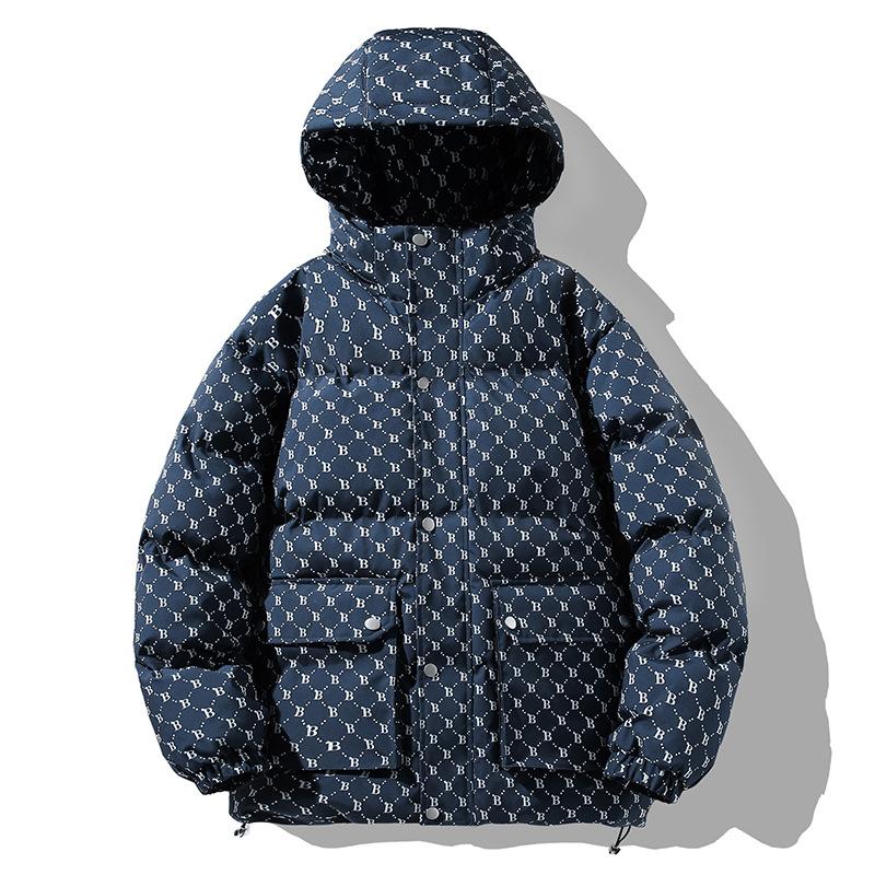 New Winter Style Men's Hooded Cotton Jacket for Young People Loose Thickened Warm Couple Printed Cotton Jacket