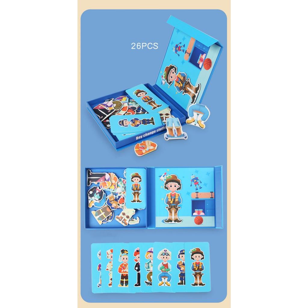 Wooden Jigsaw Magnetic Blocks Puzzle Book Board with Cards Face Change Clothing Change Marine Life Kids 3D Puzzle Toys Gifts