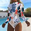 Women Long Sleeve One Piece Swimsuit Zip Front  Ink Stain Print Rash Guard Surfing Bathing Suit