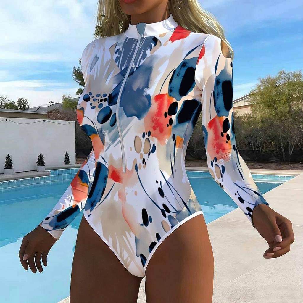 Women Long Sleeve One Piece Swimsuit Zip Front Ink Stain Print Rash Guard Surfing Bathing Suit