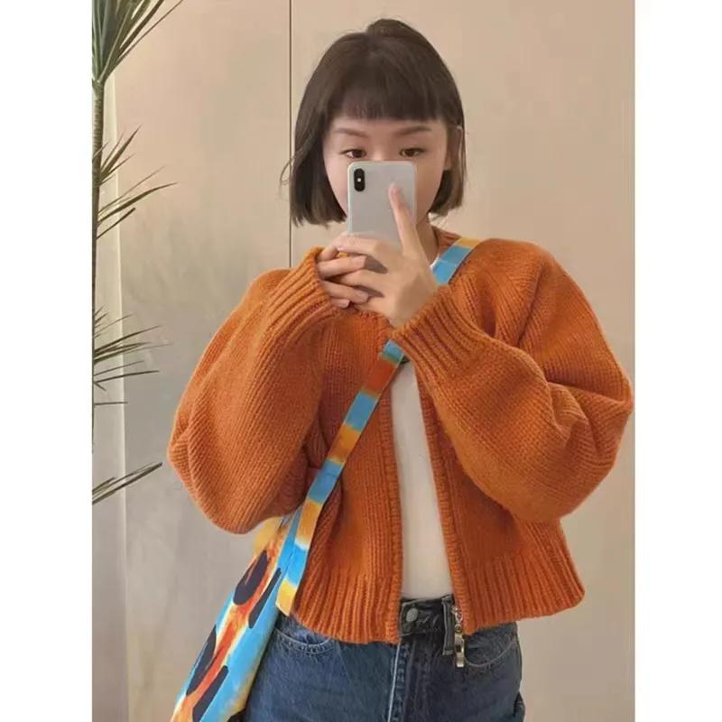Women Autumn Winter Solid Color Long Sleeve Short Knitting Cardigan Ladies Round Neck Casual Zipper Sweater Jacket