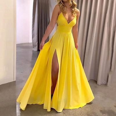 Sommermode Damen Neckholder V-Ausschnitt Leck Rücken Krawatte Schlitz Lange Kleider