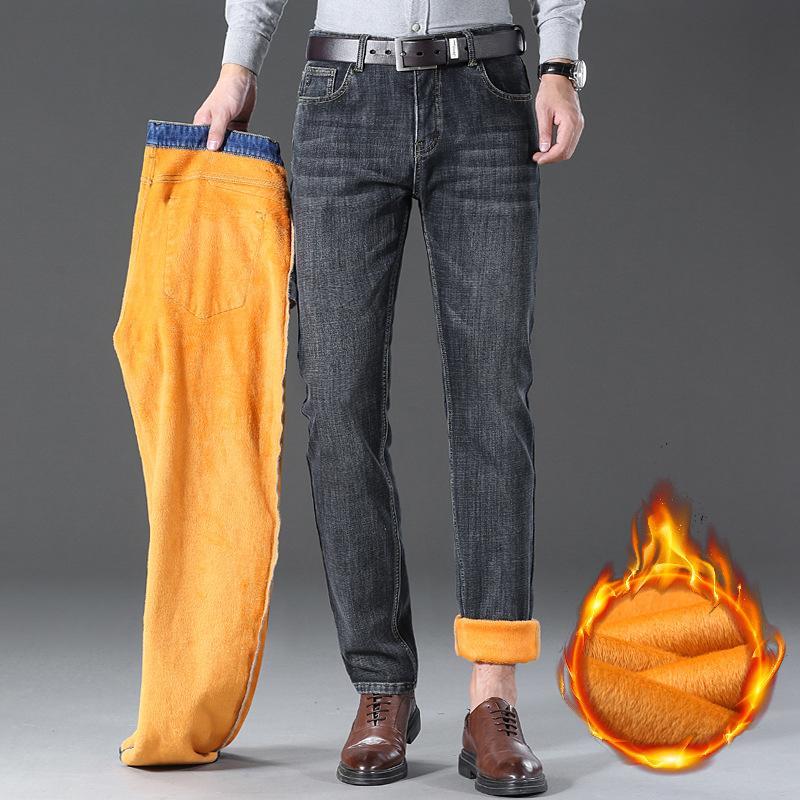 Autumn And Winter New Men'S Plush Thick/Regular Jeans Business Loose Straight Tube Warm Oversized Casual Pants