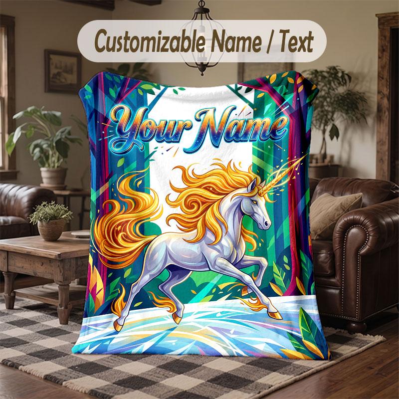 Unicorn Theme Throw Blanket Custom Name Text Personalized Blanket Soft Cozy Blanket for Home Sofa Bed