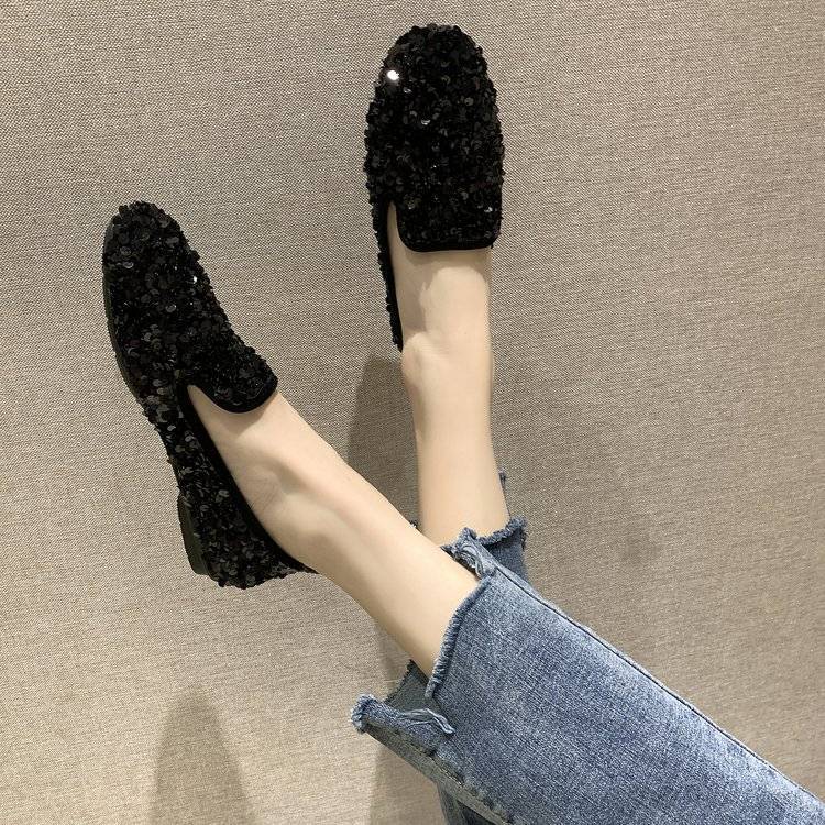 Dámské ploché boty s kulatou hlavou mělké prodyšné podzimní flitrové zakrývací boty pohodlné boty pro volný čas a všestranné