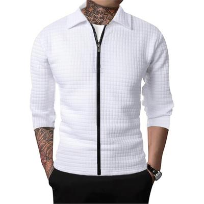 Herren Frühling Herbst Turn Down Farbmantel Einfarbige Oberbekleidung Karierte Reißverschlussjacke Lässiges Langarm-Polo-Waffelhemd