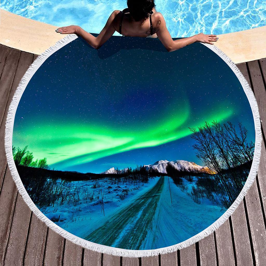 Beautiful Aurora Round Beach Towel with Tassels,Sand Free Quick Dry Circle Beach Blanket Roundie Yoga Meditation Mat Picnic Rug