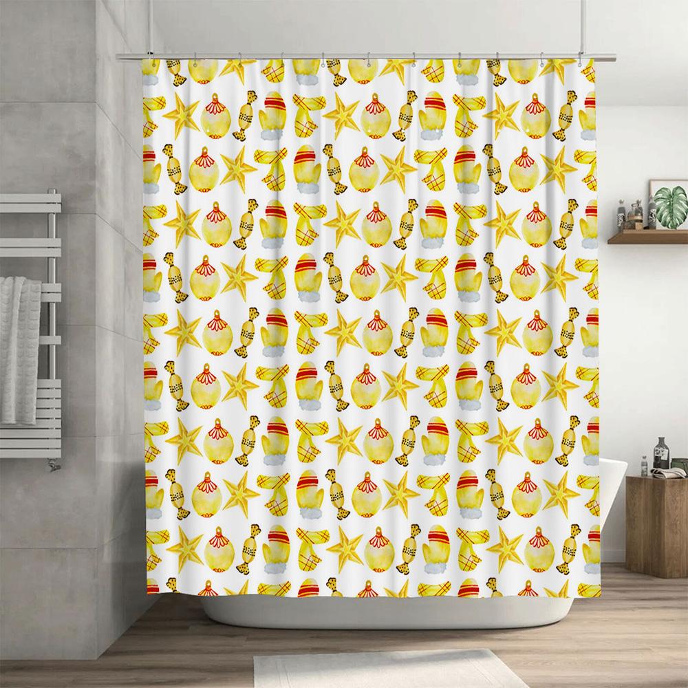 Handmade Christmas Shower Curtain White Waterproof Fabric with Christmas Ornament Print for Bathroom Decor Perfect Gift Idea