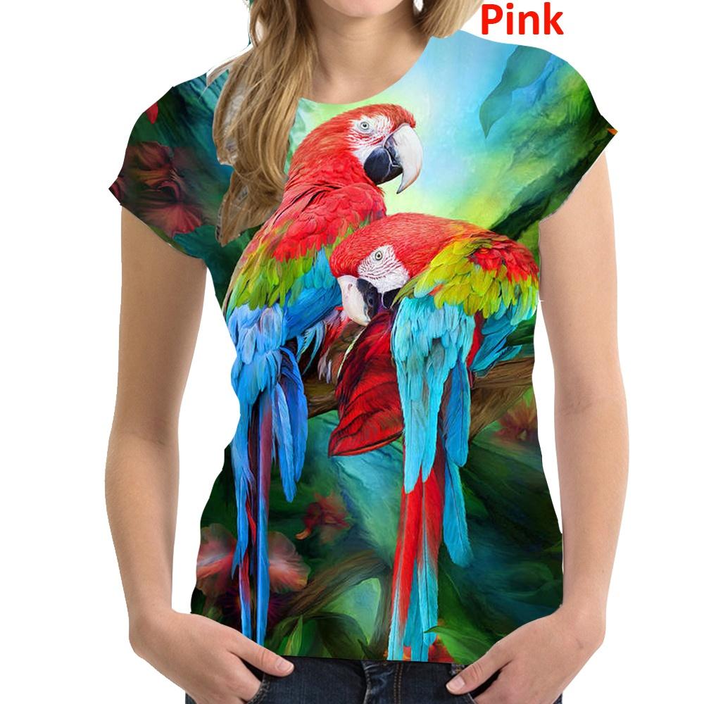 2024 Women's Fashion 3D Print Parrot Short Sleeve T Shirt Bird T-shirt Casual Flower Tee
