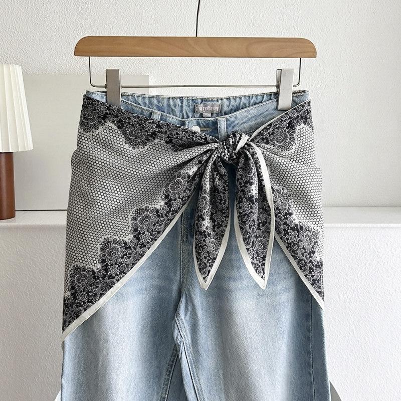 White Floral Small Silk Scarf Triangle Scarf Headscarf Belt Women's Decoration with Skirt Jeans Waist Accessories Fart Curtain