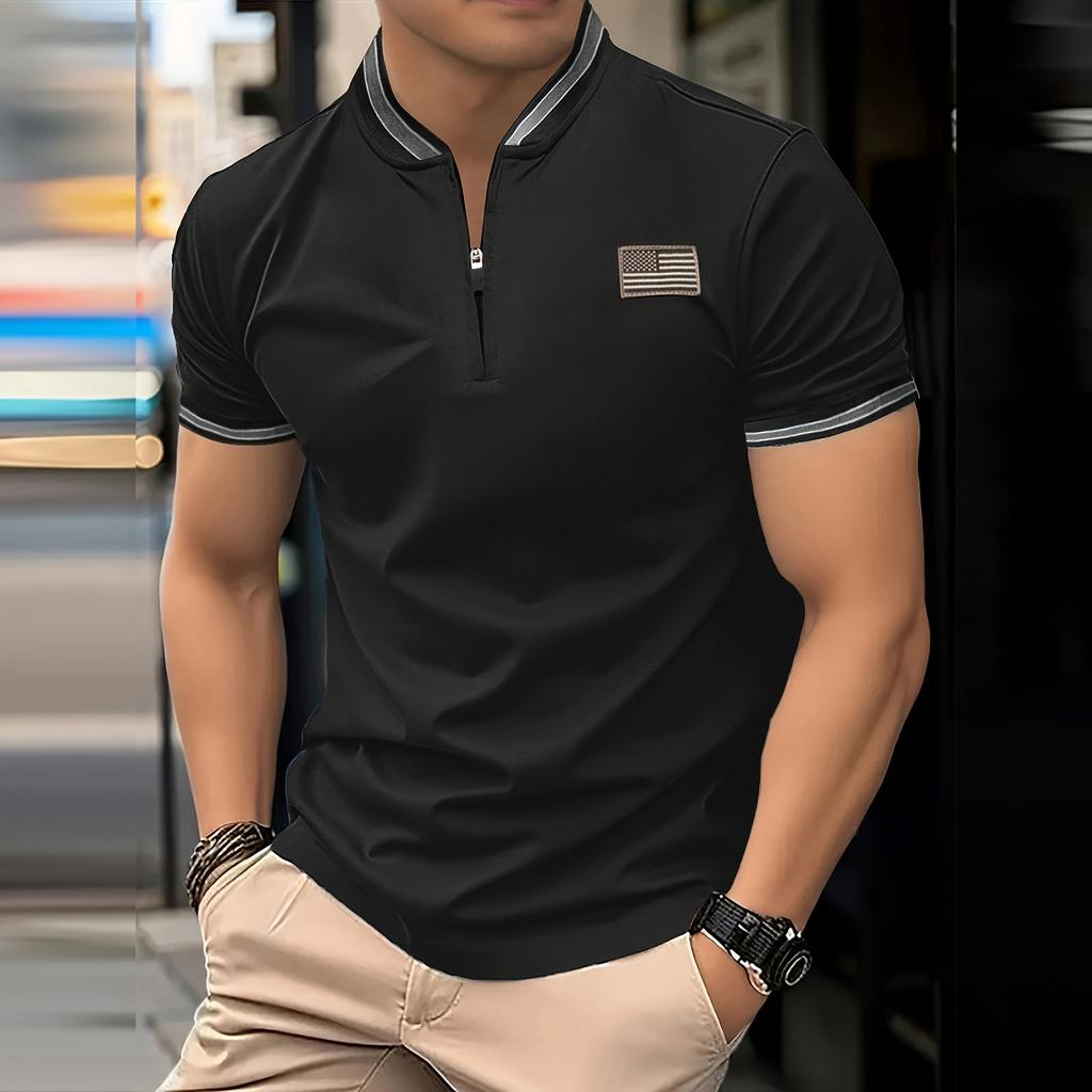 Men's T-shirt With Stand Up Collar And American Flag Sticker Large Size Half Zip Collar And Short Sleeves
