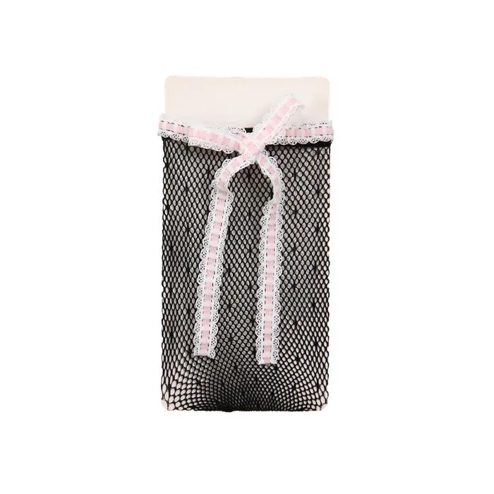 Ribbon Diamond Dot Fishnet Knee Socks (Black)