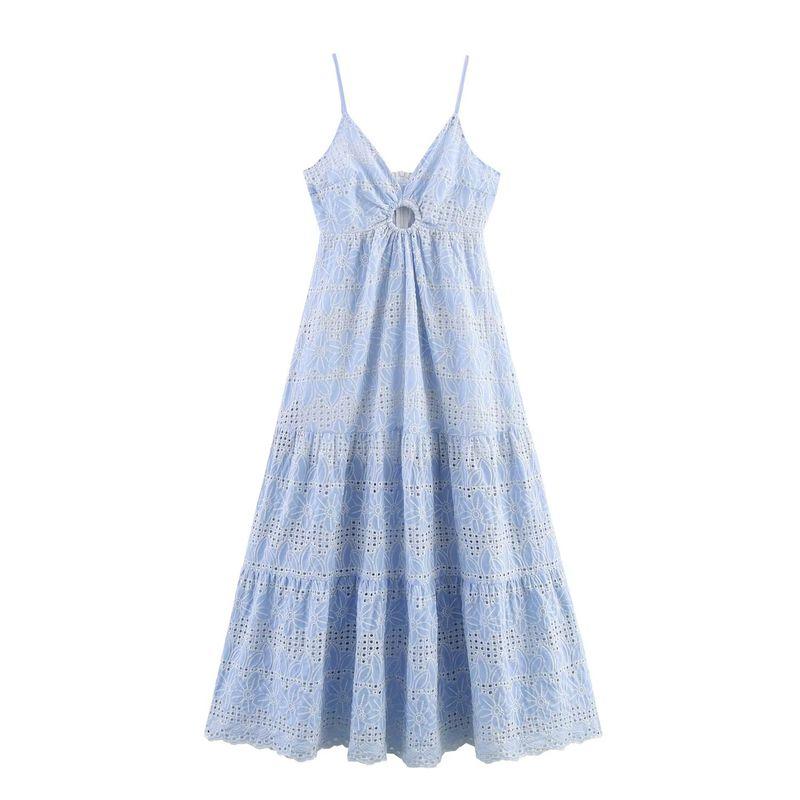 

Kaslead New Women clothes Western Style Fashion Simple Temperament Holiday Style Embroidered Big Hemline Suspender Skirt Blue L