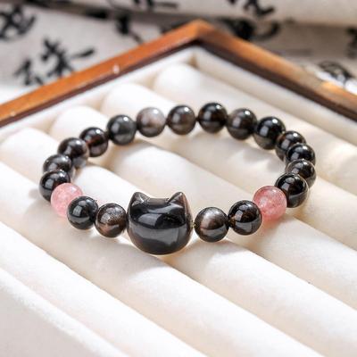 Bracciale Testa di Gatto in Ossidiana Argentata e Cristallo Fragola – Stile Antico per Coppie