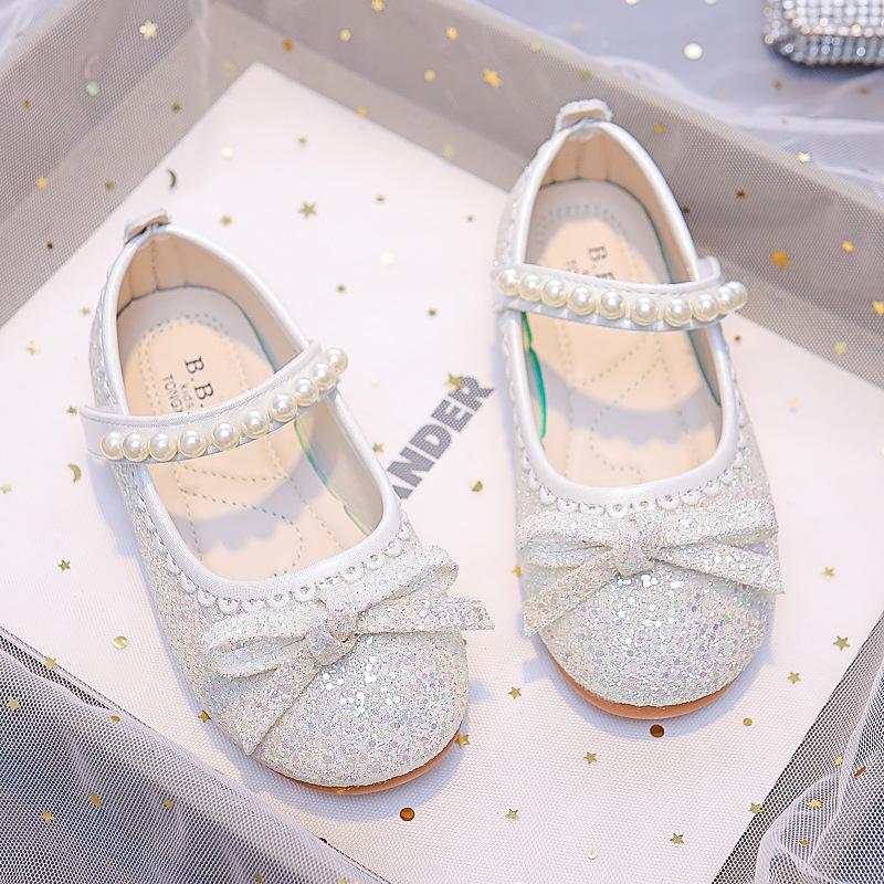 Girls Pearls Princess Shoes 2024 Spring New Children's Fashionable Rhinestones Kids Leather Shoes Crystal Shoes Flats Shiny Chic