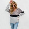 Leopard Print Patchwork Long Sleeved Top Women's V-neck Pullover Casual Hoodie Loose Simple Commut Bottoming Shirt Autumn