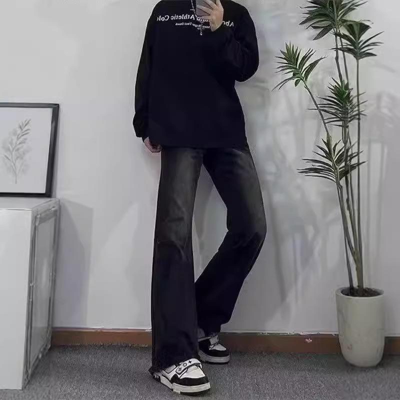 Black Micro-pull Jeans Men's Autumn Thin Straight Ruffian Handsome High-end Pants American Retro High Street Trousers