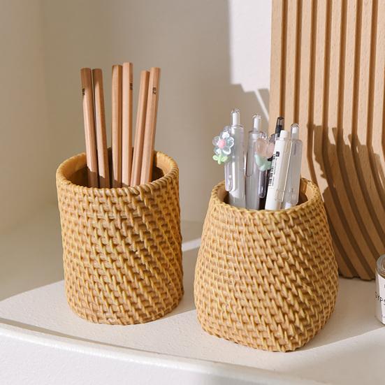 Huaqianguhh Faux Rattan Pen Holder, Woven Style Makeup Brush Boho Desktop Organizer, Multi-functional Resin Pencil Cup for Home Office