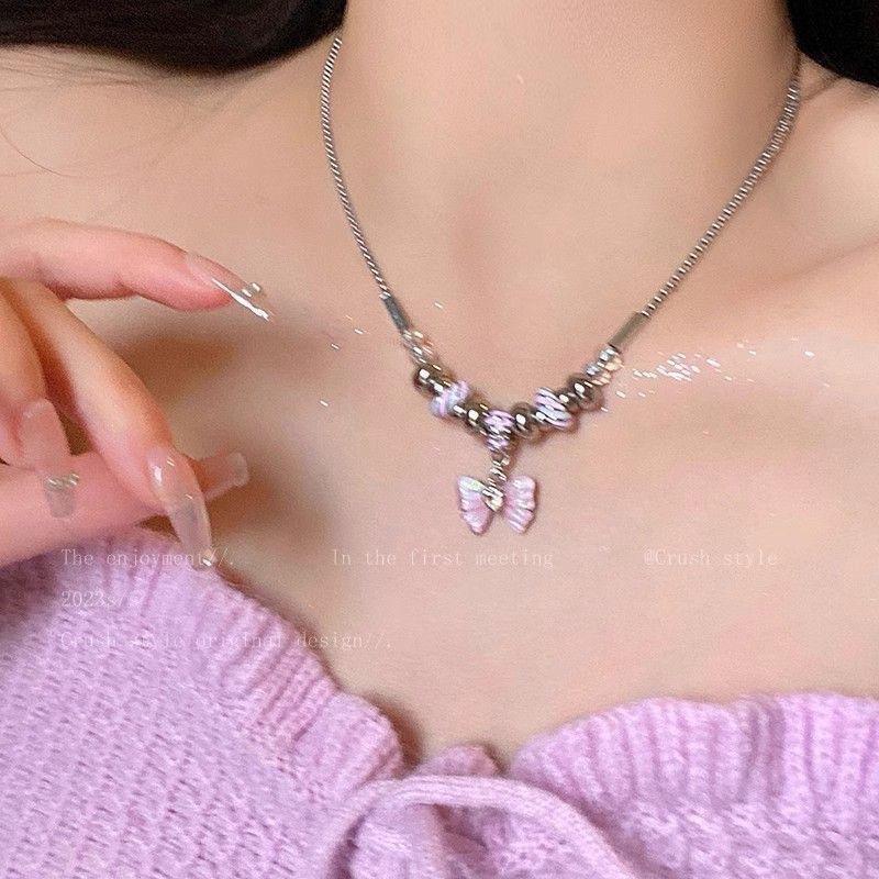 Direct Sales Tassel Ice Crystal Butterfly Necklace Women's Sweet Cool Babes Neck Chain Design Sense Niche Collarbone Chain Women