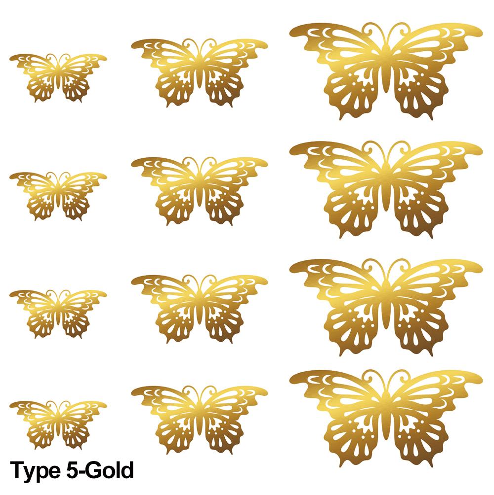 12Pcs/Pack 3D Hollow Out Butterfly Stickers Gold/Silver/Rosegold Mirror Decals Metal Texture Wall Art Wedding Party Supplies