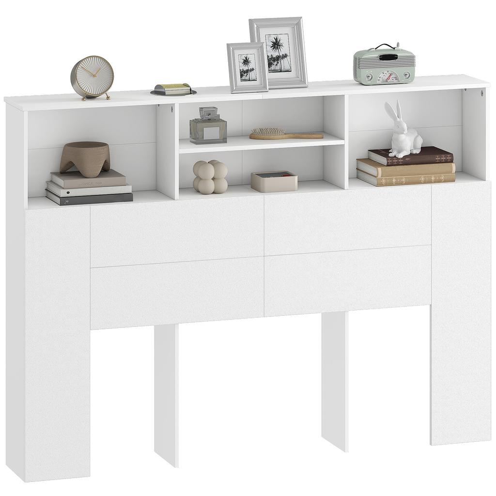 Testiera autoportante con contenitore, Accessorio per letto 4 scomparti a giorno, 140 x 19 x 103,5 cm, Bianco