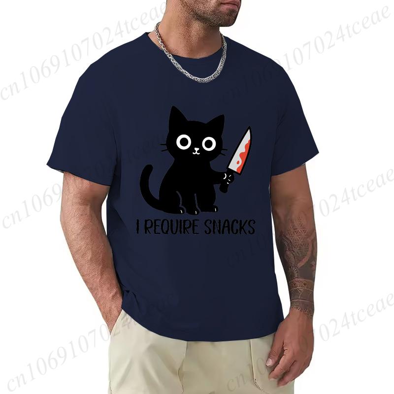 Summer Men's Tee T-shirt Clothes I Require Snacks Black Cat Print T-Shirts Clothing Funny Meme Animal Lover Tops Tees Clothes