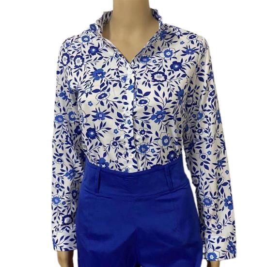 Elegantes Büro-Damenhemd Stehkragen Einreihig Blumendruck Langarm Knöpfe Bluse für Frühling/Sommer