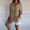Women Solid Lapel Pleated Blouse, Single Breasted Rollable Long Sleeve Shirt